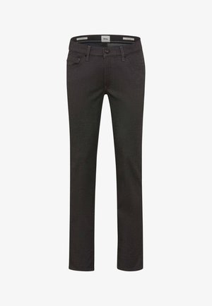 Pantalons noirs en tissu tissé, avec une coupe droite, des poches avant et une fermeture à bouton avec passants de ceinture.