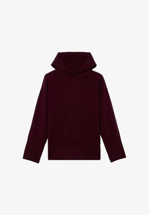 Pulover cu glugă burgund cu accente striate. Prezintă un croi lejer și mâneci largi, realizat dintr-un material tricotat moale.