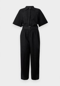 Mono negro con cinturón, de manga corta, con dos bolsillos en el pecho y un cuello con solapa. Confeccionado en una tela ligera con una textura suave.