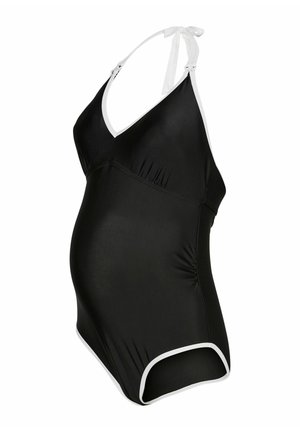 Black maternity swimsuit with white trim, halter neck tie, and ruched sides for adjustable fit.