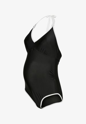 Schwarzer Umstandsbadeanzug mit weißer Einfassung, Neckholder zum Binden und gerafften Seiten für eine verstellbare Passform.