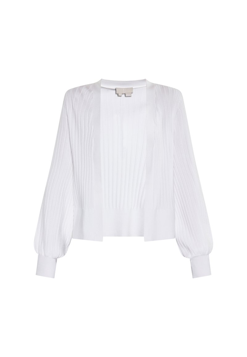 Witte cardigan met een geribbelde textuur, open voorkant en balonmouwen. Gemaakt van een lichtgewicht stof, met een relaxte pasvorm en een gladde afwerking.