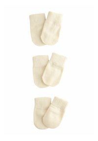 Le muffole per neonati in cotone color crema presentano un polsino a coste e una texture morbida e liscia. Vengono mostrate in coppie impilate verticalmente.