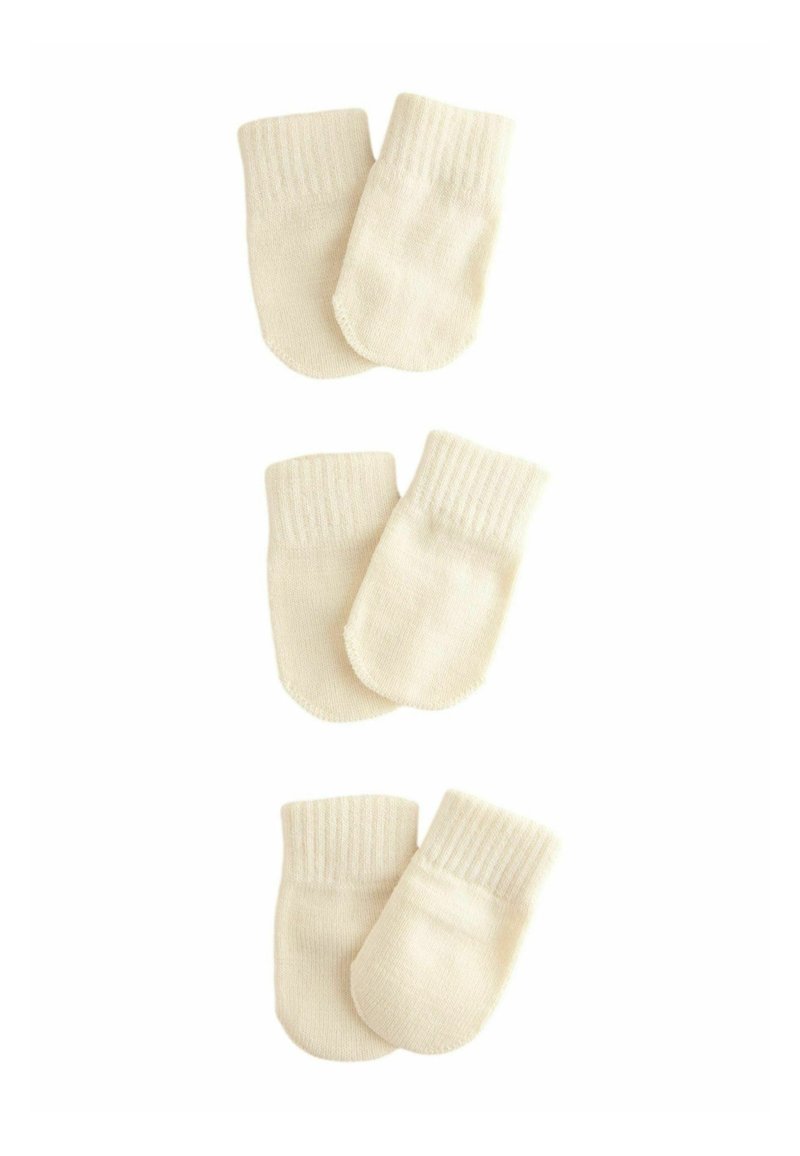 Le muffole per neonati in cotone color crema presentano un polsino a coste e una texture morbida e liscia. Vengono mostrate in coppie impilate verticalmente.