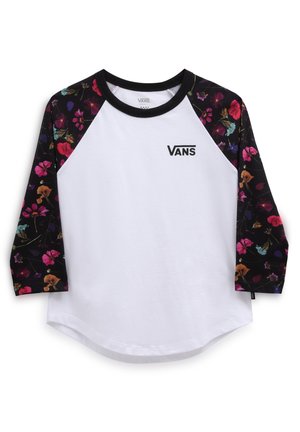 Maglietta bianca Vans con colletto nero, maniche a 3/4 nere con motivi floreali colorati e logo Vans sul petto a sinistra.