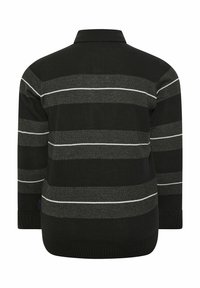 Schwarz und dunkelgrau gestreifter Strickpullover mit weißen dünnen horizontalen Linien, langen Ärmeln sowie geripptem Saum und Bündchen, von hinten gezeigt.