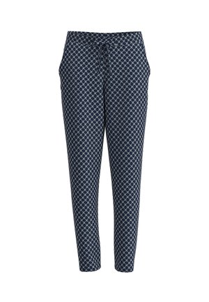 Tmavě modré kalhoty se zúženými nohavicemi, s světle modrým vzorem kruhových řetězových článků a nastavitelným pasem na šňůrku.