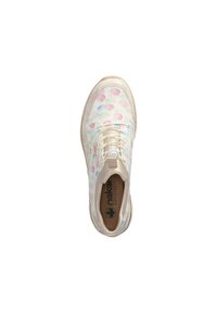 Lace-up sneakers with a pastel bubble pattern on a white textured upper, featuring a light-colored sole and a logo inside.