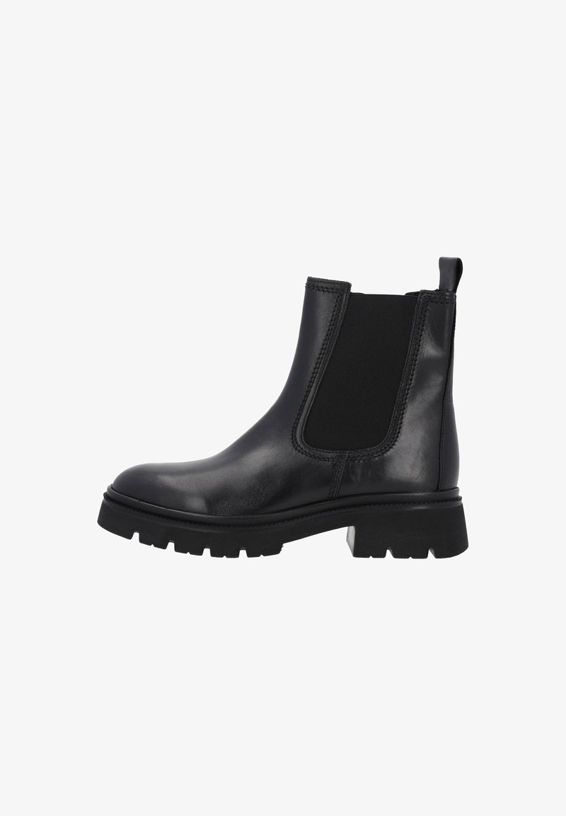 Botte Chelsea en cuir noir avec panneaux élastiques sur les côtés, languette de traction au talon et semelle épaisse à crampons.