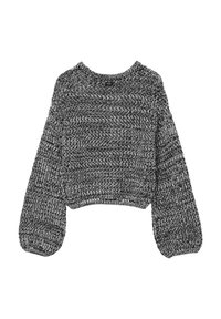 Maglione all'uncinetto in bianco e nero, design cropped, maniche lunghe a palloncino, motivo a maglia testurizzata, scollo rotondo, materiale morbido.