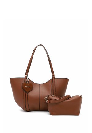 Brown leather tote bag with two handles and a matching small zippered pouch beside it on a white background.