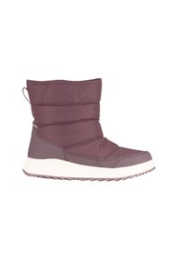 Botas isoladas moradas resistentes al agua con parte superior acolchada, media suela texturizada y suela de goma blanca para un mejor agarre. Incluye una pestaña de tirón.