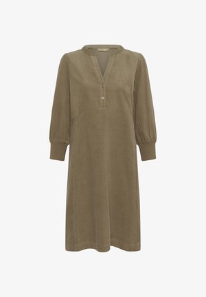 Robe kaki en tissu doux, avec un col en V et trois boutons, des manches bouffantes longues, et une coupe décontractée qui atteint le milieu du mollet.