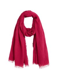 Écharpe cramoisie en tissu léger, avec des bords effilochés et une texture douce, conçue pour s'enrouler confortablement autour du cou.