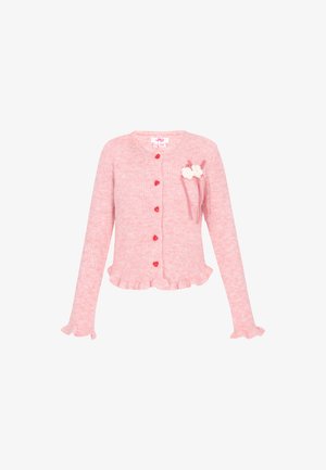 Roosa ribakardigan punaste südamekujuliste nööpidega, volangse äärise ja varrukatega ning dekoratiivsete valgete lilledega punaste ribadega rinnal.