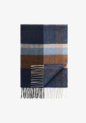 Villa huivi, jossa on sininen, ruskea ja beige ruutukuosi sekä herringbone-tekstuuri. Huivissa on fringettömät reunat ja taitettu kulma.