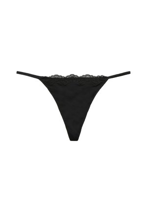 Black lace-trimmed thong featuring thin side straps and a smooth fabric finish. The lace has a scalloped edge design.