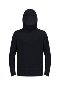 Veste à capuche noire en tissu léger, dotée d'une fermeture éclair sur toute la longueur à l'avant, de manches longues et de deux poches latérales zippées pour le rangement.