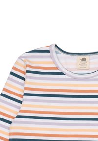 Gestreiftes Hemd aus weichem Stoff mit Rundhalsausschnitt. Besitzt abwechselnde Streifen in Orange, Teal, Lila und Weiß. Das Etikett zeigt die Marke und Pflegehinweise.
