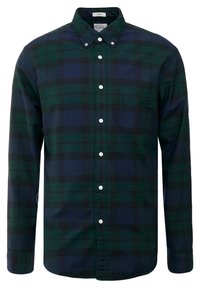 Camicia con bottoni caratterizzata da un motivo a quadri in verde scuro e blu navy, maniche lunghe, colletto con bottoni e una tasca sul petto.