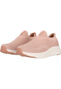 Helle rosa Sportschuhe mit einem atmungsaktiven Obermaterial aus Mesh, Slip-On-Design, gepolsterter weißer Sohle und strukturiertem Gummiaufbau.