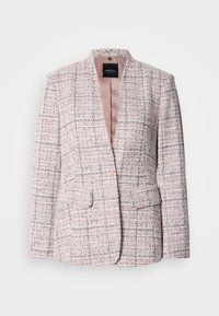Blazer à motif à carreaux rose et gris avec une finition texturée, un col à revers cranté, une fermeture à un bouton et deux poches avant.