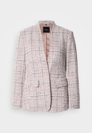 Blazer i et lyserødt og gråt ternet mønster med en struktureret finish, spids revers, enkelt knaplukning og to forlommer.