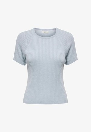 Vaaleansininen resorineulottu toppi, jossa on vartalonmyötäinen malli, lyhyet raglan-hihat ja pyöristetty pääntie. Pehmeä pinta ja minimaaliset yksityiskohdat.