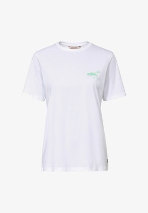 Witte T-shirt met korte mouwen en ronde hals, met een kleine groene berg en zon-afbeelding en "VAUDE" logo op de linkerborst.