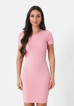 Pink ribbed bodycon dress with short sleeves and a round neckline. Smooth texture and fitted silhouette. No patterns or embellishments.