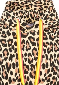Leopard print hoodie in beige, featuring black and light brown spots. Includes yellow and pink drawstrings and a ribbed texture.