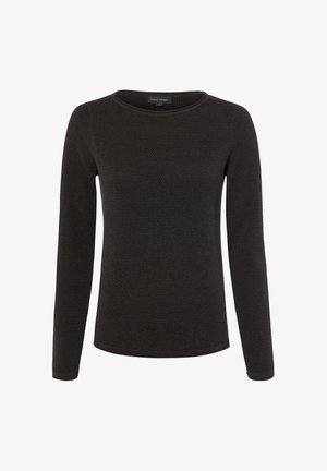 Pull en maille noir à manches longues avec encolure ronde et motif texturé, présenté sur fond blanc.