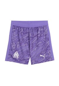 Pantaloni sportivi viola con un design astratto testurizzato. Presenta il logo bianco del Marsiglia e il logo Puma. Vita elasticizzata per il comfort.