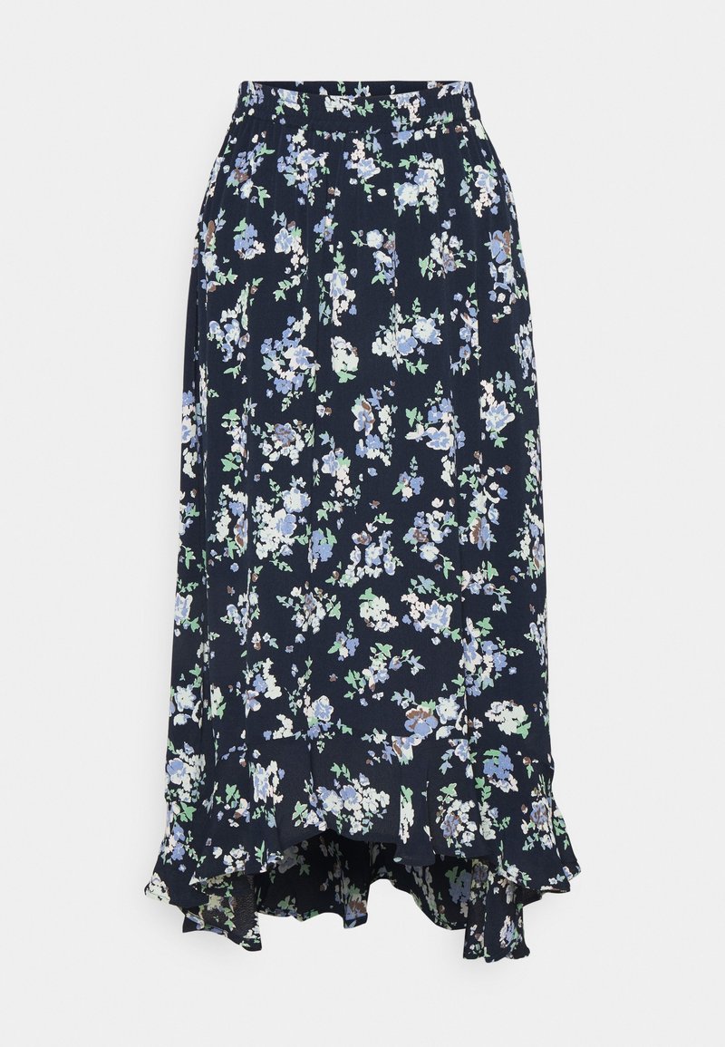 Bloemige midi-jurk in donker marineblauw met lichtblauwe en witte bloemen. Kenmerkt een gerimpelde zoom en een elastische tailleband voor comfort.