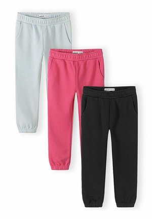 Trzy pary dresów z elastycznym stanem w kolorach jasnoszarym, jaskraworóżowym i czarnym, ułożone obok siebie na białym tle.