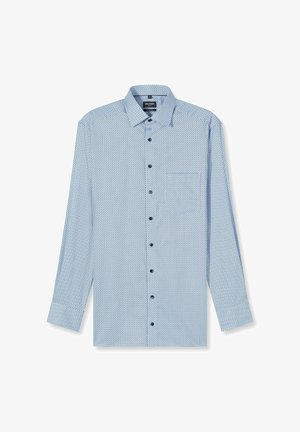 Hellblaues Hemd mit Knöpfen, das ein kleines dunkelblaues Polka-Dot-Muster, lange Ärmel, eine Brusttasche und dunkle Knöpfe aufweist.