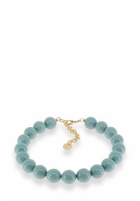 Light blue round bead bracelet with gold chain and clasp, adjustable length, and a small gold charm attached.