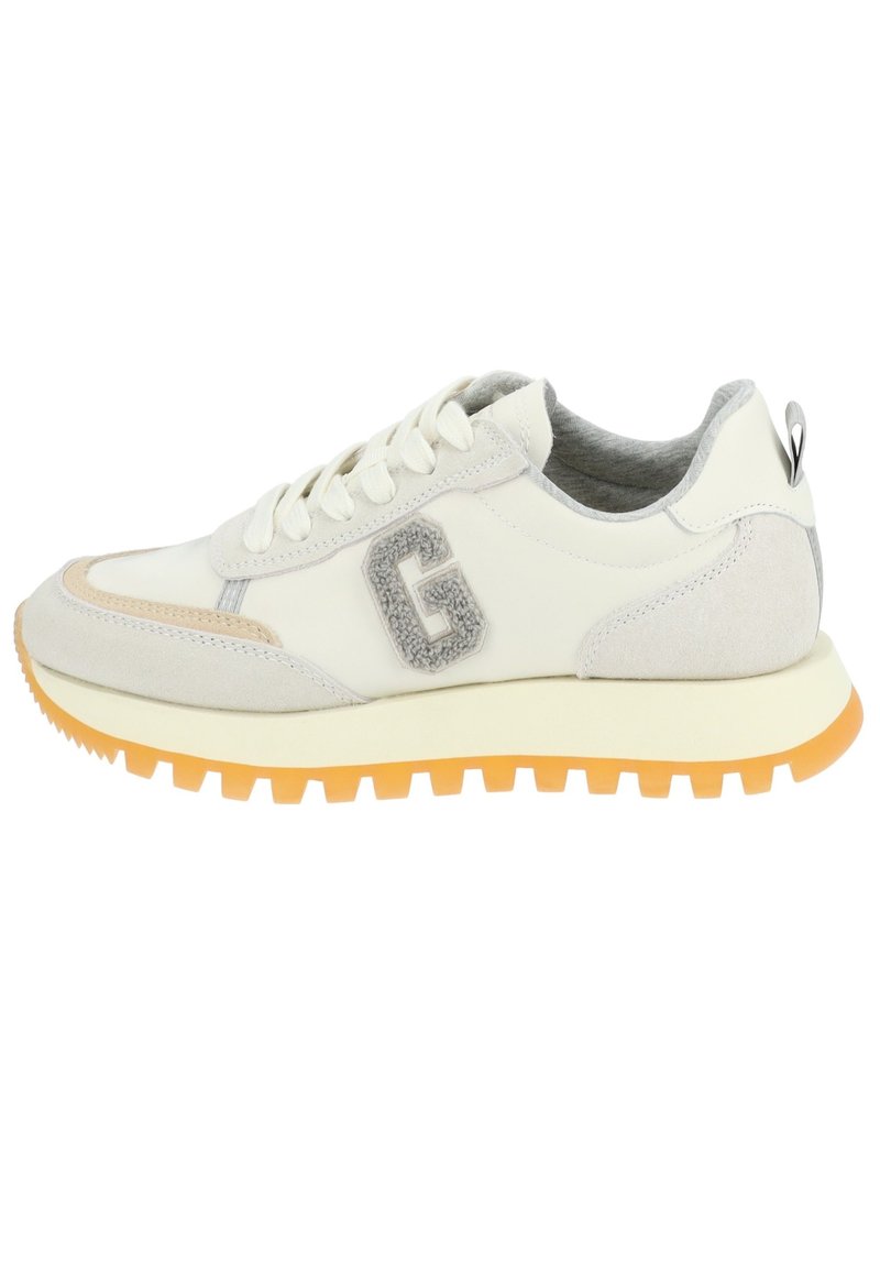 White and grey sneakers with a suede texture, featuring a prominent grey "G" logo, a cushioned sole, and bright orange outsole for traction.