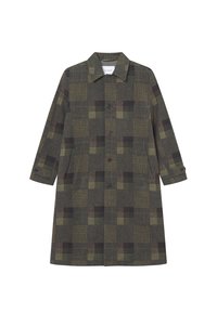 Lungo cappotto realizzato in tessuto misto lana di colore verde scuro con motivo a quadri. Presenta un collo a camicia e chiusura con bottoni.