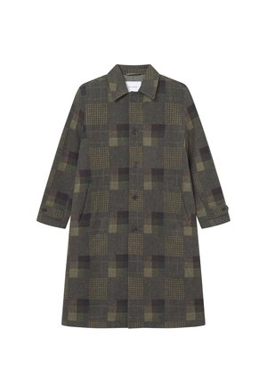 Long coat made of wool-blend fabric in dark green with a checkered pattern. Features a collared neckline and button closure.