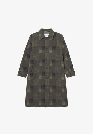 Manteau long en tissu mélangé en laine de couleur vert foncé avec un motif à carreaux. Dispose d'un col et d'une fermeture à boutons.