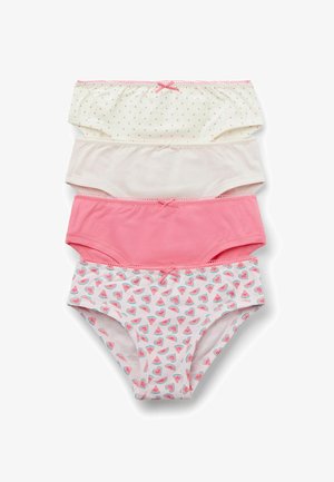 Quatre paires de culottes pour enfants : crème à pois roses, crème unie, rose unie et blanche avec un imprimé de coeurs pastèque. Matière en coton doux.