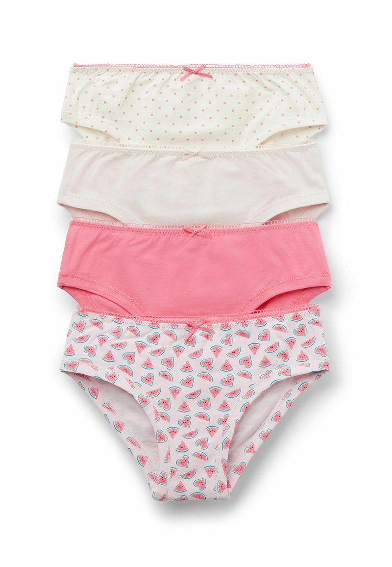 Vier Paare Kinderunterhosen: cremefarben mit rosa Punkten, einfarbig creme, einfarbig rosa und weiß mit Wassermelone-Herz-Muster. Aus weichem Baumwollmaterial.