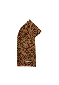 Sciarpa con stampa leopardata che presenta uno sfondo marrone chiaro con macchie nere, bordi rifiniti e un logo sottile in bianco nell'angolo inferiore.