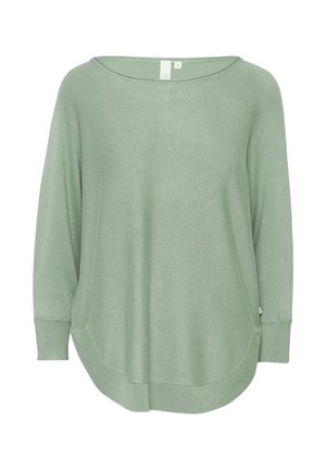 Hellgrüner, langärmeliger Pullover mit lockerer Passform, rundem Halsauschnitt, Seitentaschen und gerippten Bündchen, der eine subtile Textur aufweist.