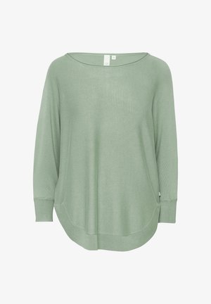 Lichtgroene trui met lange mouwen en een ruime pasvorm, ronde hals, zijzakken en geribbelde manchetten, met een subtiele textuur.