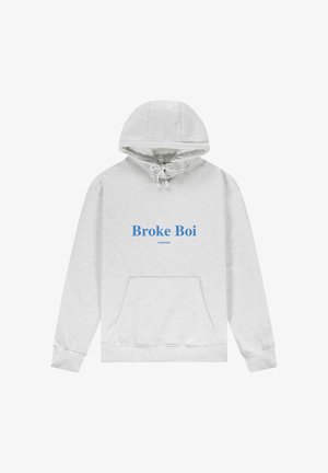 Siva kapuca s puloverjem z vrvico, ki ima modro natisnjen tekst "Broke Boi" in "POCKETS" nad kenguru žepom. Material iz mešanice bombaža.