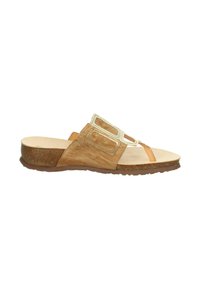 Beige Slipper-Sandale mit strukturiertem Lederoberteil, dekorativen Ausschnitten und einer Korkzwischensohle mit Gummilaufsohle.