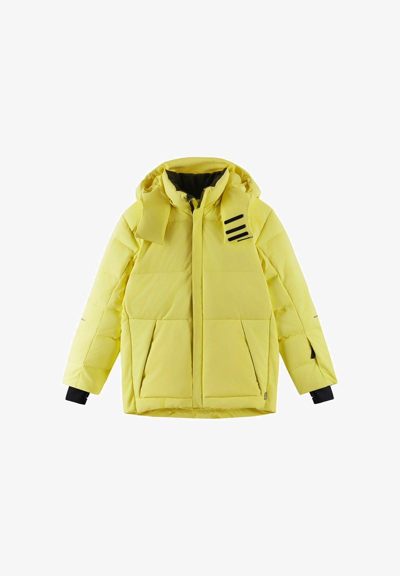 Yellow puffer jacket with a hood, zippered front, two large pockets, and black accent stripes on the chest and sleeves. Smooth, quilted texture.