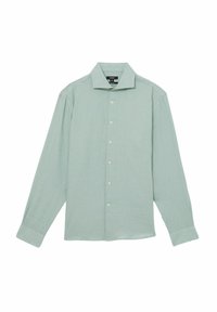 Cămașă din bumbac lungă, de culoare verde deschis, cu mâneci lungi, dintr-un material texturat. Are un guler clasic și închidere cu nasturi, cu manșete cu nasturi.